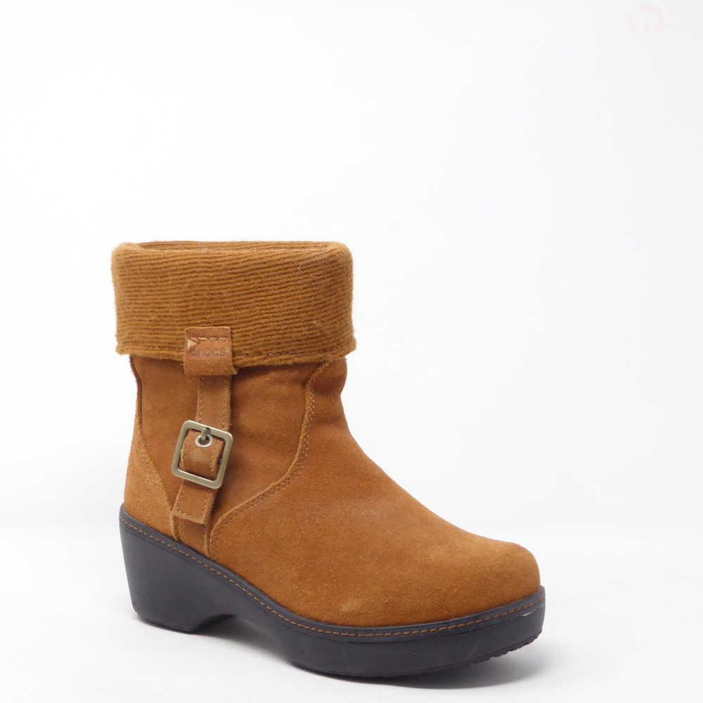 Crocs Womens Cobbler Faux Fur Lined Boots Brown Suede Foldover Buckle 11554 Sz 8